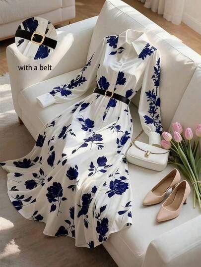 Franclia Women's Collared Cinched Waist Waist Printed Long Tunic Dress, Elegant For Commuting And Social Occasions