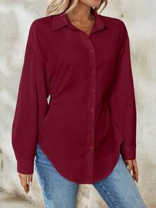 Pariaura Tall 女士优雅通勤纯色落肩长袖单排扣衬衫 - 酒紅色 - 查看 3