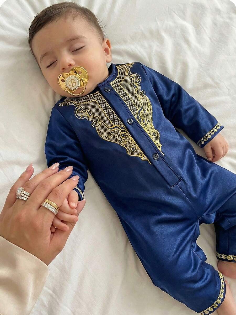 Newborn Baby Boy Cute Gold Pattern Romper, Autumn/Winter - Multicolor - View 1