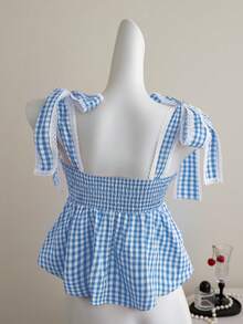 Elamini Áo camisole nữ kiểu dáng ngọt ngào và dễ thương, họa tiết kẻ caro, dây buộc, dây đeo dày. - Màu xanh lam - Xem 2