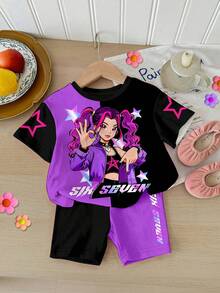 SHEIN 2件套女婴休闲时尚彩色K-POP女团字母和星星印花个性化趣味数字67图案圆领短袖T恤和短裤套装，适合夏季穿着。紫色女婴紫色T恤街头风女童紫色婴儿图案T恤 - 彩色 - 查看 2