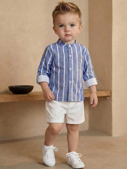 LMoss Kids 2pcs Baby Boy Casual School Style Beige Short Sleeve Polo Shirt And Elastic Waist Printed Shorts Set, Suitable For Outings, School, Travel, Summer Wear