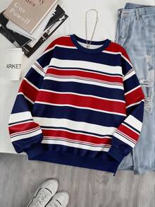 SHEIN 韩版时尚百搭彩色条纹图案卫衣，适合外套、摄影、露营、秋季、冬季、返校季穿着，女士常规圆领 - 彩色 - 查看 4