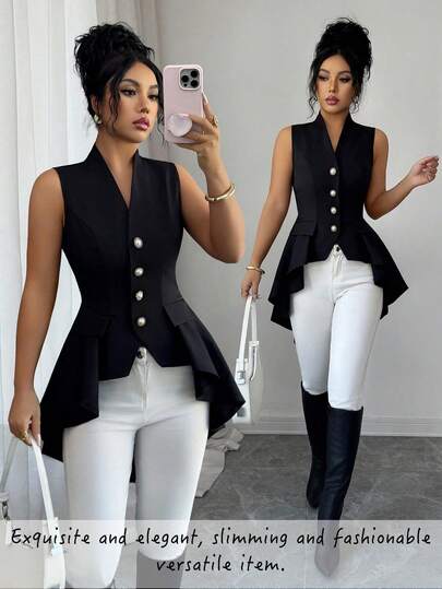 Elenzga Elegant & Fashionable Versatile Solid Black V-Neck Sleeveless Cinched Waist A-Line Asymmetric Hem Flared Hem Women Regular Jacket