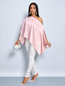 SOLERSUN Women's Elegant Sexy Flowy Asymmetric Shoulder Cape Sleeve Asymmetric Hem Satin Blouse - Dusty Pink - View 5