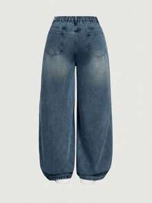 SHEIN MOD Jeans acampanados y sueltos con rotos para mujer de talla grande, azul - Azul lavado medio - Ver 2