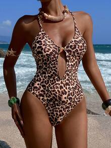 Opulessa Women's Leopard Print Hollow-Out Sexy Fashion One-Piece Swimsuit, Vacation,Summer,Summer Clothes,Summer Holiday Outfits,Valentine's Day,Carnival,Party,Beach,Elegant ,Vacation,Casual,Formal,Graphic,Flower,Red ,Pink,Sequin,Leopard - Multicolor - View 3