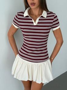 Aloruh 女士休闲 Polo 领修身条纹印花短袖 T 恤 - 彩色 - 查看 4