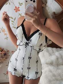 CottageSlumber Women's Lace Trim Camisole Jumpsuit With U-Shaped Open Back, Bow Decor, Jacquard Knit Slim Fit Sleepwear - White - View 5
