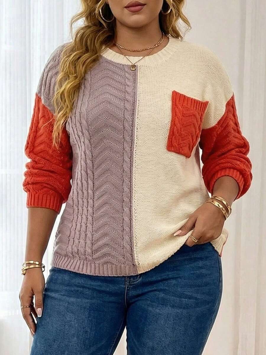 SHEIN LUNE Plus Size Colorblock Crew Neck Long Sleeve Pocket Casual Knit Sweater For Women,Beige,Autumn,Smart Casual,Festa Winter Knitwear Jumper Pullover - Multicolor - View 1