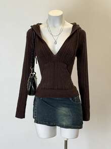 Jeanoix Y2K Hooded Deep V-Neck Knit Top, Spring Women's Elbow-Sleeve Sweater - Brown - View 1