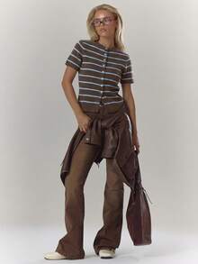 MUSERA Striped Rib Knit Button Through Fitted Short Sleeve Top Cosy Cute Casual Coffee Club Winter Elegant Evening Party - Chocolate Brown - View 5