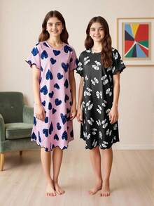 2件套少女简约优雅睫毛印花圆领短袖睡衣休闲家居服套装 - 彩色 - 查看 3