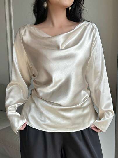 Dazy Plus Elegant Pleated Waist Crew Neck Long Sleeve Blouse, Fashionable Poplin Fabric, Suitable For Spring And Autumn