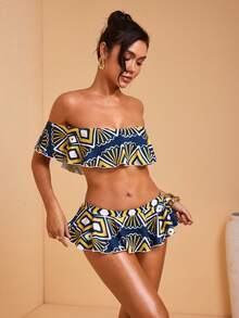 JIAN LASALA All-Over Print Knit Jersey Off-Shoulder Ruffle Top And Panties Set Women Holiday Vacation Wear - Multicolor - View 5