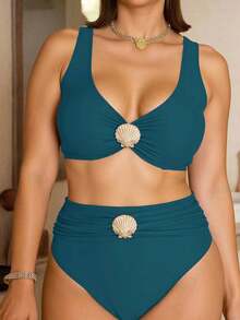 Swim Chiccia 2026 New Summer Beach Vacation Elegant Solid Color Metal Accessory Plus Size Swimwear Set - Teal Blue - View 1