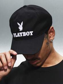 PLAYBOY X SUMWON 男士黑色棒球帽，绣有白色兔子标志，都市街头休闲老爹帽，可调节帽型 - 黑色 - 查看 4