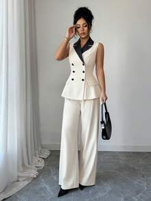 Elenzga Women's Elegant Commuter Elegant Sleeveless Contrast Color Waist A-Line Pants Suit, Suitable For Daily Wear, Work Commute And More Occasions, Spring/Autumn - Apricot - View 6