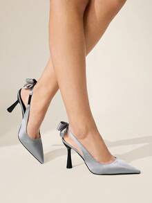 CUCCOO CHICEST Giày cao gót mũi nhọn, đế thấp, gót mảnh, quai sau đính nơ, hở gót, kiểu dáng thanh lịch và thoải mái cho nữ, thích hợp cho các buổi tiệc tối mùa xuân/thu, màu đen, dịp Giáng sinh. - Xám - Xem 6