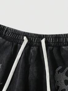 ROMWE MEN Street Life Men's Casual Street Style Rhinestone & Thorn Print Shorts - Black - View 7