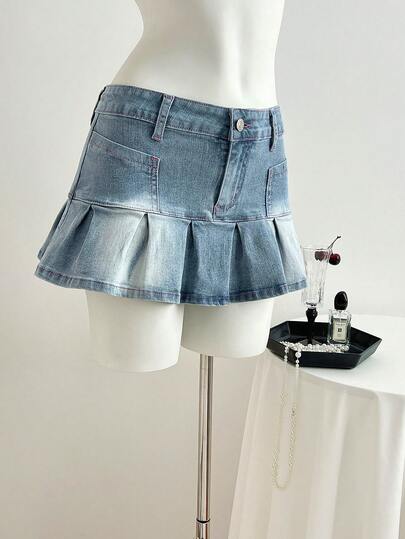 Elamini Y2K Dam Låg Midja Trendig Tvättad Plisserad Denim Minikjol