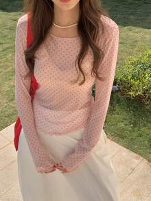 DAZY Women's Polka Dot Sheer Long Sleeve Crew Neck Undershirt, Spring/Summer - Pink - View 2