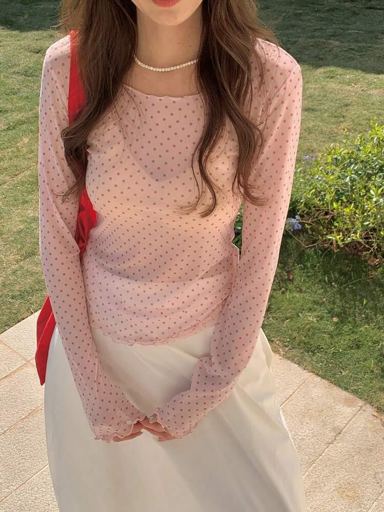 Women's Polka Dot Sheer Long Sleeve Crew Neck Undershirt, Spring/Summer