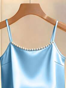 SHEIN Franclia Áo hai dây satin đính hạt thời trang mới, thích hợp mặc vào mùa xuân/hè, có thể mặc lớp hoặc mặc riêng. - Màu xanh nhạt - Xem 7