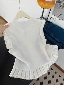 GlowEve Spring/Summer New White Sleeveless Round Neck Button Ruffle Hem Pleated Fresh Sweet Fashion Women Blouse - White - View 2