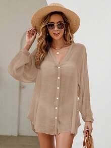 Swim Lushoire كيمونو أكمام طويلة بلون سادة، ملابس عادية للعطلات - كاكي - مشاهدة 4