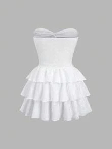 SHEIN Unity 白色针织提花面料金属海星装饰镂空扭腰蛋糕迷你连衣裙，优雅浪漫甜美简约度假日常派对百搭女装，春夏款 - 白色 - 查看 2