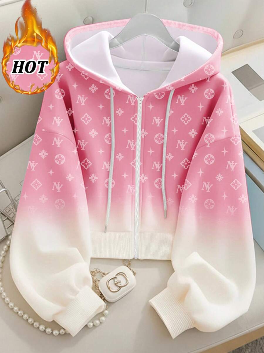 Resyla Women's Letter Print Drop Shoulder Long Sleeve Zip Front Casual Drawstring Sweatshirt