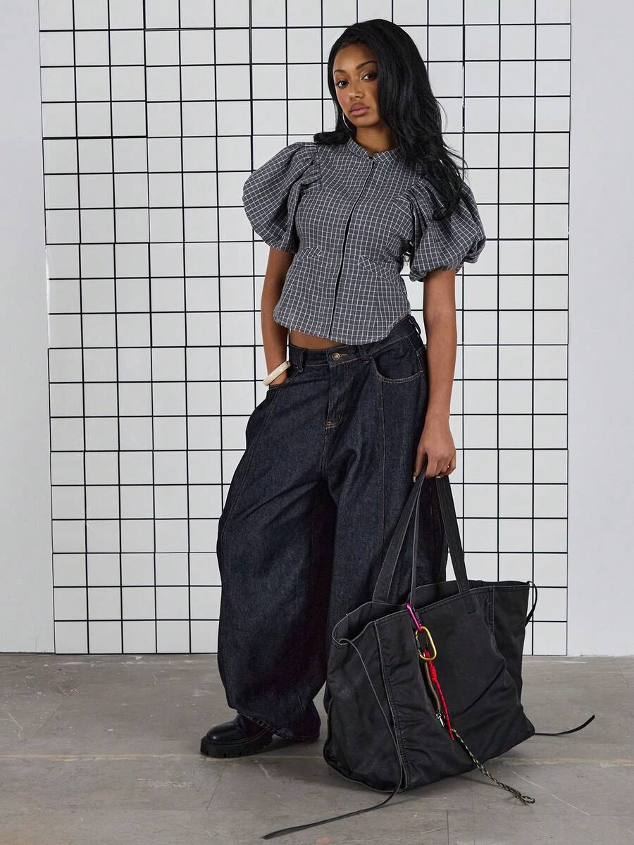 COUREZ 泡泡袖格子上衣 / Y2K 女式可爱上衣 外出可爱性感街头风优雅 - 灰色 - 查看 1