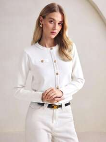 BizChic 春夏新款白色圆领前开襟长袖开衫，百搭易穿，适合复活节、圣帕特里克节、通勤、日常休闲、浪漫90年代复古风、派对、海滩、毕业典礼、度假、婚礼宾客、伴娘伴郎、正式场合等。 - 白色 - 查看 6