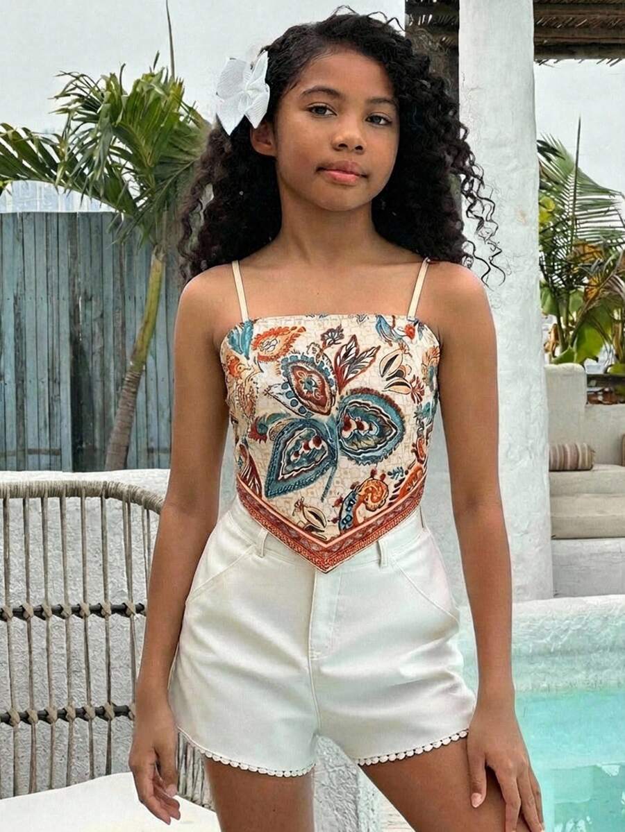 SHEIN Tween Girl Floral Print Camisole Top With Asymmetric Hem - Multicolor - View 1