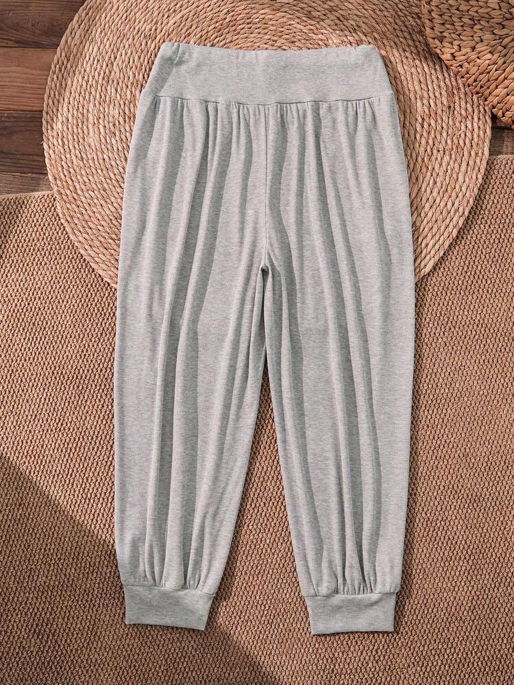 Plus Size Women's Casual Plain Grey Harem Pants,Elastic Waist Solid Color Everyday Autumn Pant With Pockets,Simple Fashionable Vacation Holiday Wear