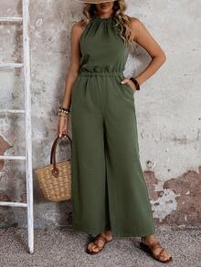 SHEIN LUNE Women's Solid Color Sleeveless Casual Jumpsuit With Pockets, Daily Wear Beach - Green - View 7