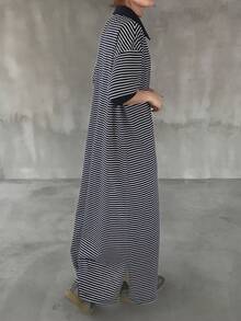 FRIFUL Vestido casual recto de tela a rayas con cuello polo y media cremallera para mujer - Blanco y Negro - Ver 4