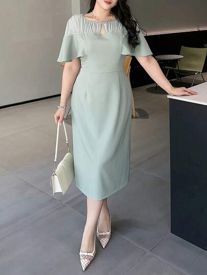 Dazy Plus 优雅拼接短袖收腰连衣裙，休闲/工作装，大码，春夏吊带裙