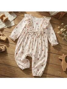 Loomiva Baby Girl Floral Print Round Neck Ruffle Trim Waist Jumpsuit - Multicolor - View 1