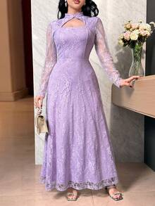 Modelyn Women's Elegant Contrast Lace Cutout Waist Bodycon Party Dress - Purple - View 1