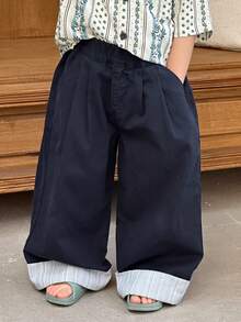 DAZY Contrast Striped Cuffed Hem Loose Wide-Leg Jeans, Casual Daily Commute Vacation Style For Young Boys