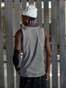 NEON BLANC Stretchy Ribbed Gym Tank Top Men | White Stitch Athletic Sleeveless Shirt - Grey - View 2