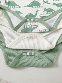 SHEIN 3pcs Infant Boys' Casual Ribbed Romper Set, Suitable For Everyday Wear, Summer - Green - View 6