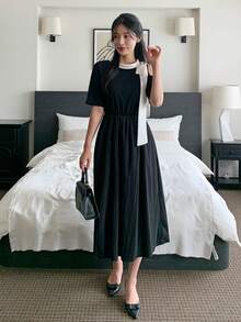 DAZY Women's Off-Shoulder Bowknot Tie Waist A-Line Midi Dress - Black - View 2