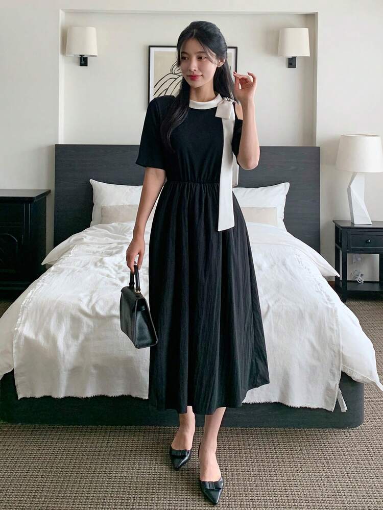 Women's Cold Shoulder Bowknot Tie Waist A-Line Midi Dress Sundress