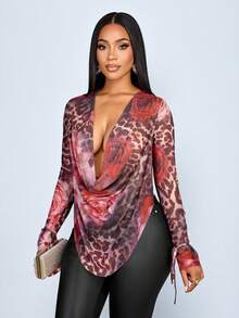 SOLERSUN Women's Elegant Sexy Rose Leopard Print Mesh Fabric Drape Neck Ruched Mesh Long Sleeve T-Shirt, Perfect For Valentine's Day Dating - Rose Red - View 6