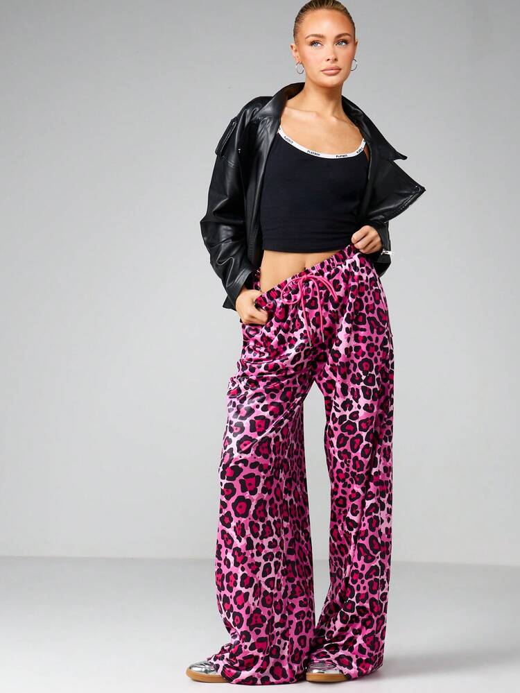 Missguided x Playboy High Rise Wide Leg Leopard Print Sweatpants With Drawstring Waist Palazzo Style Joggers For Casual Comfort And Loungewear