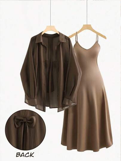 Breezaya 2pcs/Set Plus Size Women's Fashionable Spicy Sweet Chiffon Bow Tie Design Shirt & Waist Cinched Dress, Slouchy