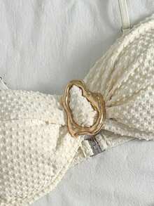 SHEIN Teen Girls Gold Clasp Jacquard Tankinis - Apricot - View 2